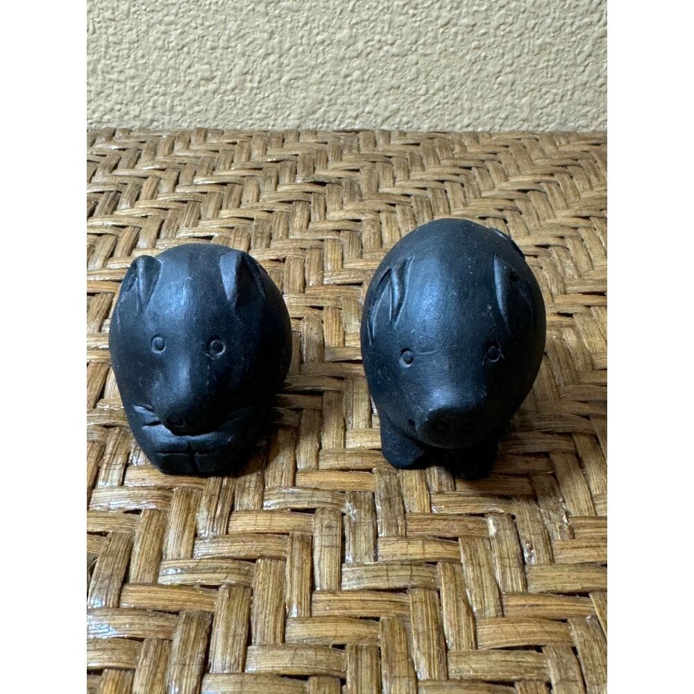 Vintage Hand-Carved Black Stone Pig Figurines - Set Of 2